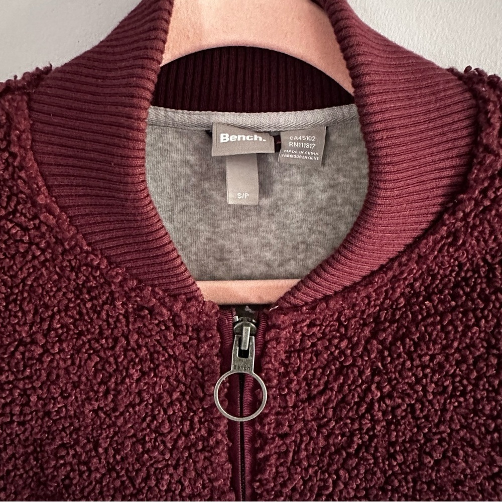 Bench Teddy Bear Bomber Jacket Maroon Zipper Pockets Size S - Picture 4 of 10